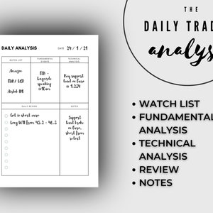 以下が含まれることがあります： ウォッチリスト、ファンダメンタル分析、テクニカル分析、レビュー、メモのセクションがある、白黒の日次取引分析シート。シートには日付と株式とイベントのリストが含まれています。
