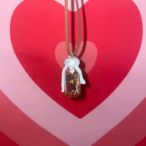 May include: A brown leather cord necklace with a small glass bottle pendant. The bottle is filled with dried flowers and herbs and sealed with a white resin top.