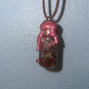 May include: A pink resin-coated glass bottle pendant necklace with a brown suede cord. The bottle is filled with dried flowers, herbs, and crystals.