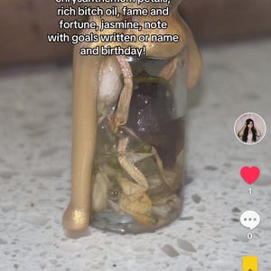 Può includere: Un piccolo flacone di vetro pieno di fiori secchi, erbe e una piccola pietra. Il flaconcino è sigillato con un tappo dorato e ha una corda dorata attaccata. Il flaconcino è su una superficie bianca. Il testo "Ingredienti: petali di crisantemo, olio di "rich bitch", fama e fortuna, gelsomino, nota con obiettivi scritti o nome e compleanno!" è scritto sull'immagine.