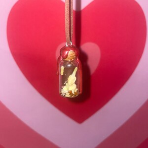 May include: A small glass bottle pendant filled with dried flowers and gold flecks, sealed with a red wax top and a cork. The pendant hangs from a brown suede cord against a pink and red heart-shaped background.