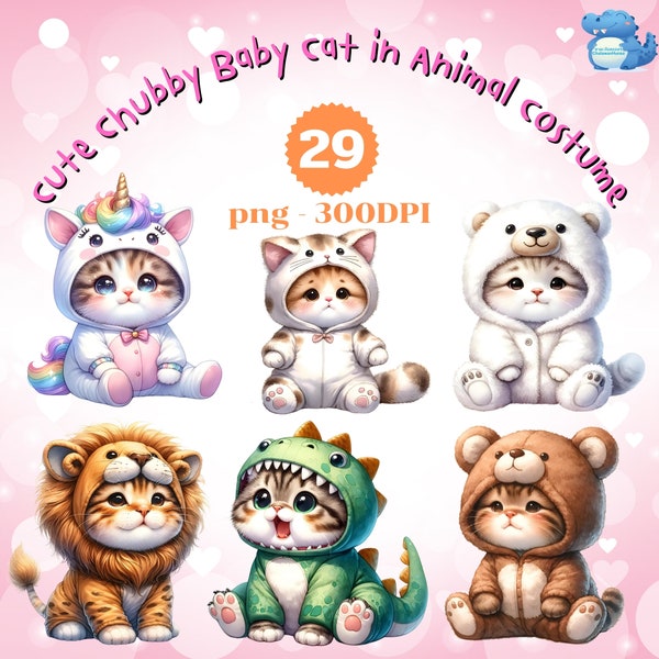 Cute Chubby Cat in Animal Suit Costume Clipart, 29 High-Quality Images, Watercolor Baby Cat Clipart, Commerical Use, Transparent background
