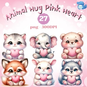 Niedliches Tier umarmt rosa Herz Valentine Clipart, 27 hochwertige Bilder, romantische Kunst, transparenter Hintergrund, kommerzielle Nutzung