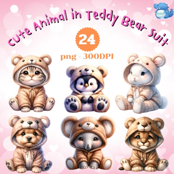 Cute Animal in Teddy Bear Suit Costume Clipart, 24 High-Quality Images, Watercolor Animals Clipart, Commerical Use, Transparent background