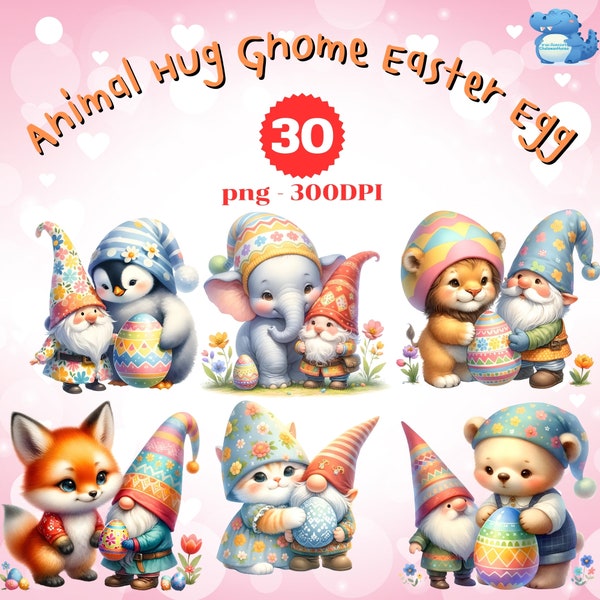 Cute Animal Hugging Gnome Easter Egg Clipart, 30 High-Quality Images, Clipart for Nursery Decor Baby, Commerical Use, Transparent background