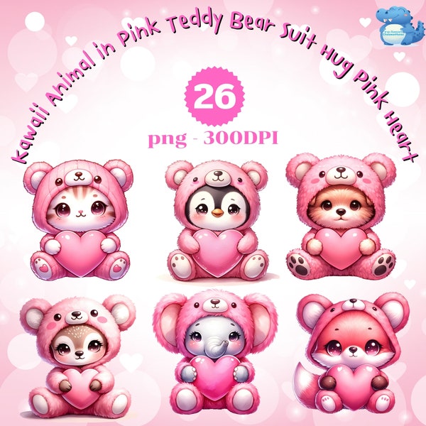 Kawaii Animal in Pink Teddy Bear Suit Costume Hug Pink Heart Clipart, 26 High-Quality Images, Watercolor Cute Animals Hugging Heart Clipart