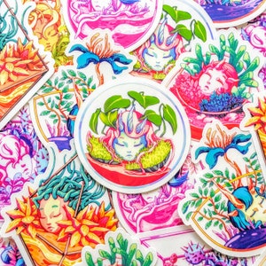 Têtes de terrarium - 7 autocollants transparents transparents pour voiture, ordinateur portable, bouteille d'eau - Plant Flower Demon Girls Japanese Anime Cute Aesthetic Papeterie