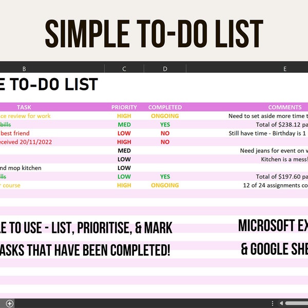 Simple To-Do List - Simply Add Tasks, Prioritize, & Set Status - Productivity Tracker Tool [PINK VERSION]