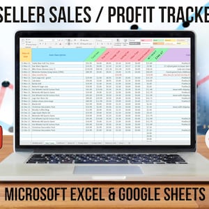 May include: A laptop computer displaying a spreadsheet with the title "RESELLER SALES / PROFIT TRACKER" on the screen. The spreadsheet is organized into columns with headings such as "Date of Sale", "Item Description", "Total Sale", "Shipping", "Cost", "Net Profit", "Sale $ & P", and "Comments". The spreadsheet is open in Microsoft Excel or Google Sheets. The laptop is on a wooden table with a blurred background of a city skyline. The image also includes logos for Etsy, Pinterest, Amazon, and eBay.