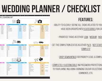 Simple Wedding Planner / Checklist - Easy To Use Wedding Preparation Tool - Microsoft Excel Spreadsheet (Google Sheets Compatible)