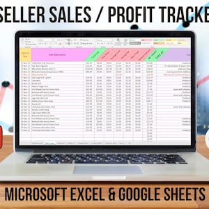 May include: A laptop computer displaying a spreadsheet with the title "RESELLER SALES / PROFIT TRACKER" on the screen. The spreadsheet is organised into columns with headings such as "Date of Sale", "Item Description", "Total Sale", "Cost", "Shipping", "Other", "Refund Amount", "Net Profit", and "Notes". The spreadsheet is open in Microsoft Excel or Google Sheets. The laptop is on a wooden table with a blurred background of city buildings. The image also includes logos for Etsy, Pinterest, Amazon, and eBay.