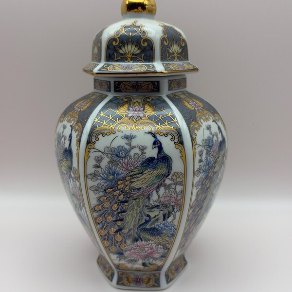 Vintage Japanese Pottery, Peacock and Flowers Porcelain Hexagonal Lidded Jar with Gold Trim