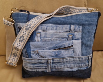 große Handtasche Patchwork Jeans Upcycling Jeanstasche