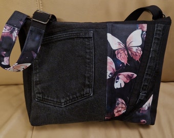 große Handtasche Patchwork Upcycling Jeanstasche schwarz mit Schmetterlingen