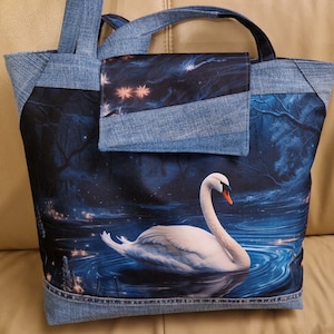 große Schultertasche Jeans Upcycling Shopper Jeanstasche Schwan