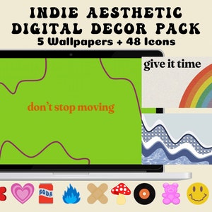 Indie-estetiskt digitalt dekorpaket | Indie-bakgrundsbild och ikonpaket | Kompatibelt med Mac- och Windows-system | Digital nedladdning