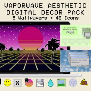 May include: A laptop displays a vaporwave aesthetic digital decor pack. The screen shows a retro sunset scene with palm trees and a grid. The pack includes 5 wallpapers and 48 icons, with additional retro-style interface elements.