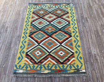 Handmade Afghan Kilim 130x80cm. 4x2.8 ft). Old Traditional Rug Wool Natural Bohemian Vintage Classic Colorful