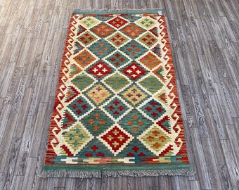 Handmade Afghan Kilim 130x80cm. 4x2.8 ft). Old Traditional Rug Wool Natural Bohemian Vintage Classic Colorful