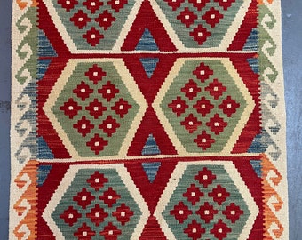 Handmade Afghan Kilim 118x82cm. (4x2.8 ft). Old Traditional Rug Wool Natural Bohemian Vintage Classic Colourful