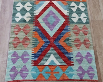 Handmade Afghan Kilim 87x60cm. Old Traditional Rug Wool Natural Bohemian Vintage Classic Colourful