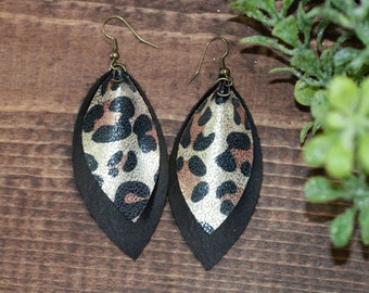 Faux Leather Leopard Print Pinch Earrings - 2 Layer, Black!