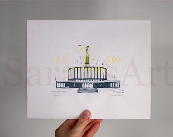 Provo Temple Linocut on Mulberry Paper