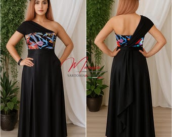 Tropical Noir – Abito Lungo in Viscosa con Top Fantasia e Spalla Asimmetrica