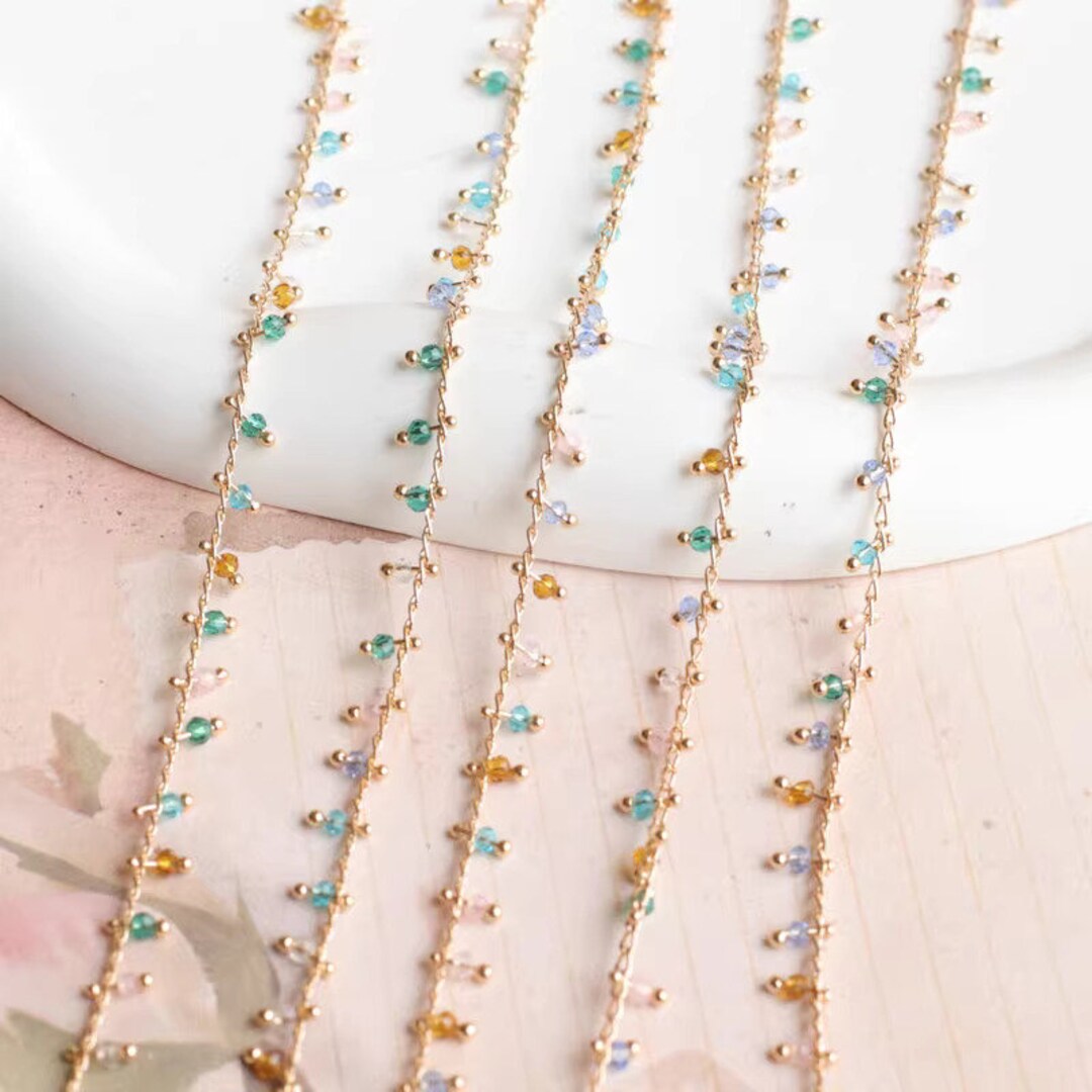 3 Feet 2mm Copper Mixed Color Crystal Beaded Chain, Chain by Foot