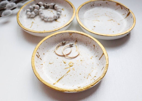 Clay Ring Dish Gold Moon Dish Gold and White Ring Dish Gold and white trinket dish Eco Ring Dish Small Trinket Dish Small Ring Dish