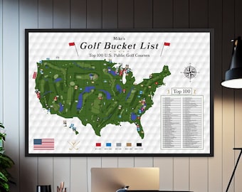 Golf Bucket List Map Framed Print, Top 100 US Public Golf Courses List, Custom Golf Gift, Gift for Golfer, Personalized Framed Golf Print