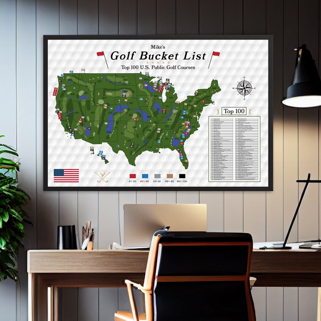 Golf Bucket List Map Framed Print, Top 100 US Public Golf Courses List