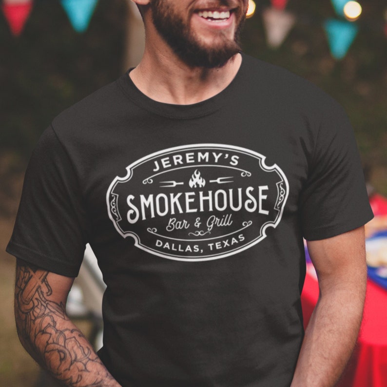 Personalized BBQ Tshirt Smokehouse Bar & Grill, Custom Meat Smoker Tshirt, Gift for Meat Smoker, Funny Grilling Accessory, Grilling Tshirt image 1