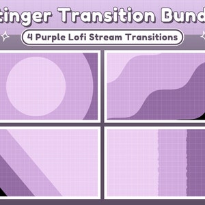 Puede incluir: Cuatro transiciones animadas en morado y negro para streaming. Las transiciones presentan un círculo, líneas onduladas, líneas diagonales y un patrón segmentado.