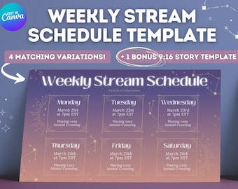 Celestial Twitch YouTube Weekly Stream Schedule | Social Media | Editable Canva Template | Space, Stars, Night, Moon