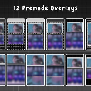 May include: Twelve different premade overlays for video editing. Each overlay features a blurred background with a rectangular frame in the center. The frames are labeled "cam" and are arranged in a grid pattern.