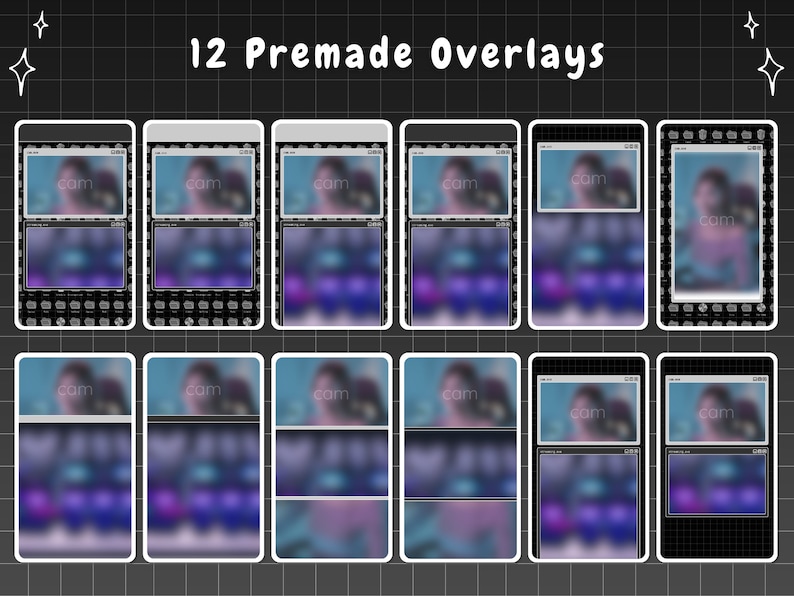 May include: Twelve different premade overlays for video editing. Each overlay features a blurred background with a rectangular frame in the center. The frames are labeled "cam" and are arranged in a grid pattern.