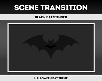 May include: A digital graphic titled SCENE TRANSITION featuring the text BLACK BAT STINGER and HALLOWEEN BAT THEME. The central element is a dark gray silhouette of a bat with outstretched wings centered within a white rectangular frame.