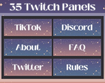 Könnte beinhalten: Ein Satz von sechs Twitch-Panels mit einem Sternenhimmel-Hintergrund. Die Panels zeigen den Text "TikTok", "Discord", "Über uns", "FAQ", "Twitter" und "Regeln".