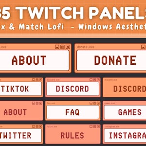 以下が含まれることがあります： Windows 95 の美的感覚でデザインされた、35 個の Twitch パネルのセット。パネルは、ソーシャルメディアのリンク、寄付、その他の情報に使用するために設計されています。パネルはオレンジと白の組み合わせで構成されています。