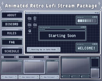 Twitch Overlay Stream Package - Dark Blue Retro Lofi Aesthetic  - Animated Twitch Overlay Lofi Twitch Overlay Blue Windows Alerts Panels