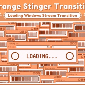 Puede incluir: Una ilustración digital de una pantalla de carga con múltiples ventanas, cada una mostrando el texto "loading.exe" y una barra de progreso. La ventana principal muestra un círculo giratorio y el texto "LOADING..." en color naranja brillante.