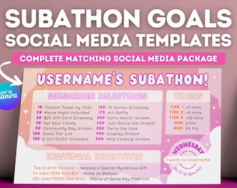 May include: A pink and orange social media template for a Twitch subathon with the text "USERNAME'S SUBATHON!" and a list of subscriber milestones and timers. The template also includes a section for individual incentives and a Wednesday date with a time.