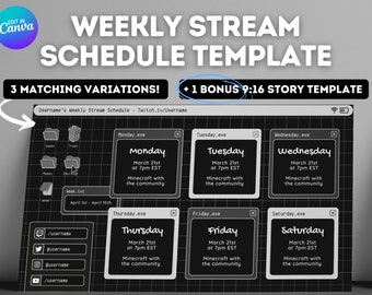 Dark Retro Lofi Twitch YouTube Weekly Stream Schedule | Social Media | Editable Canva Template | Black & White Aesthetic, Cozy Lofi Windows