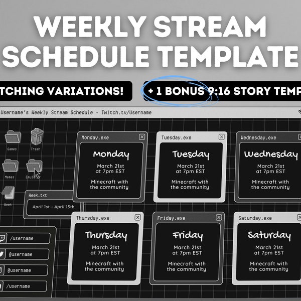 Dark Retro Lofi Twitch YouTube Wochenplan | Soziale Medien | Bearbeitbare Canva Vorlage | Schwarz-Weiß-Ästhetik, gemütliche Lofi-Fenster