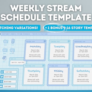 Peut inclure: Un modèle de planning de diffusion hebdomadaire bleu et blanc avec une mise en page en grille. Chaque jour de la semaine est représenté par une case distincte avec le jour de la semaine et la date dans une case bleue. Le texte "Username's Weekly Stream Schedule - Twitch.tv/Username" est en haut du modèle.