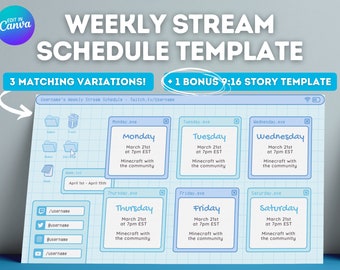 Blue Retro Lofi Twitch YouTube Weekly Stream Schedule | Social Media | Editable Canva Template | Aesthetic Blue Color, Kawaii, Cozy Windows