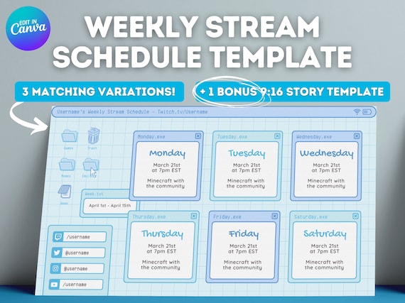Blue Retro Lofi Twitch YouTube Weekly Stream Schedule | Social Media | Editable Canva Template | Aesthetic Blue Color, Kawaii, Cozy Windows