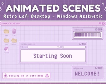 Animated Twitch Screens - Purple Retro Lofi Windows Aesthetic - Starting Soon, Be Right Back, Stream Ending Scene - Cute Pastel Purple, Cozy