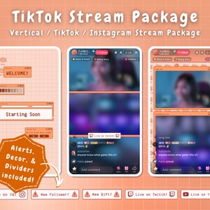 May include: A digital illustration of a TikTok stream package with a pink and orange color scheme. The package includes alerts, decor, and dividers. The text "WELCOME!" and "Starting Soon" are displayed in a window on the left side of the image. The right side of the image shows a mock-up of a TikTok live stream with a chat window and a comment section. The text "Live on Twitch!" and "Live on YouTube!" are displayed at the bottom of the image.